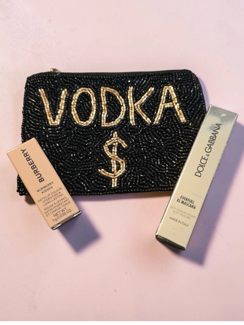 Luxury $100+ 3 Pc Beauty & Accessory Bundle: Burberry, D&G, Vodka $ Beaded Pouch